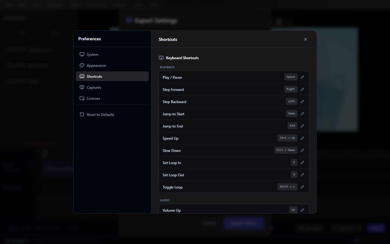 Shortcuts settings tab